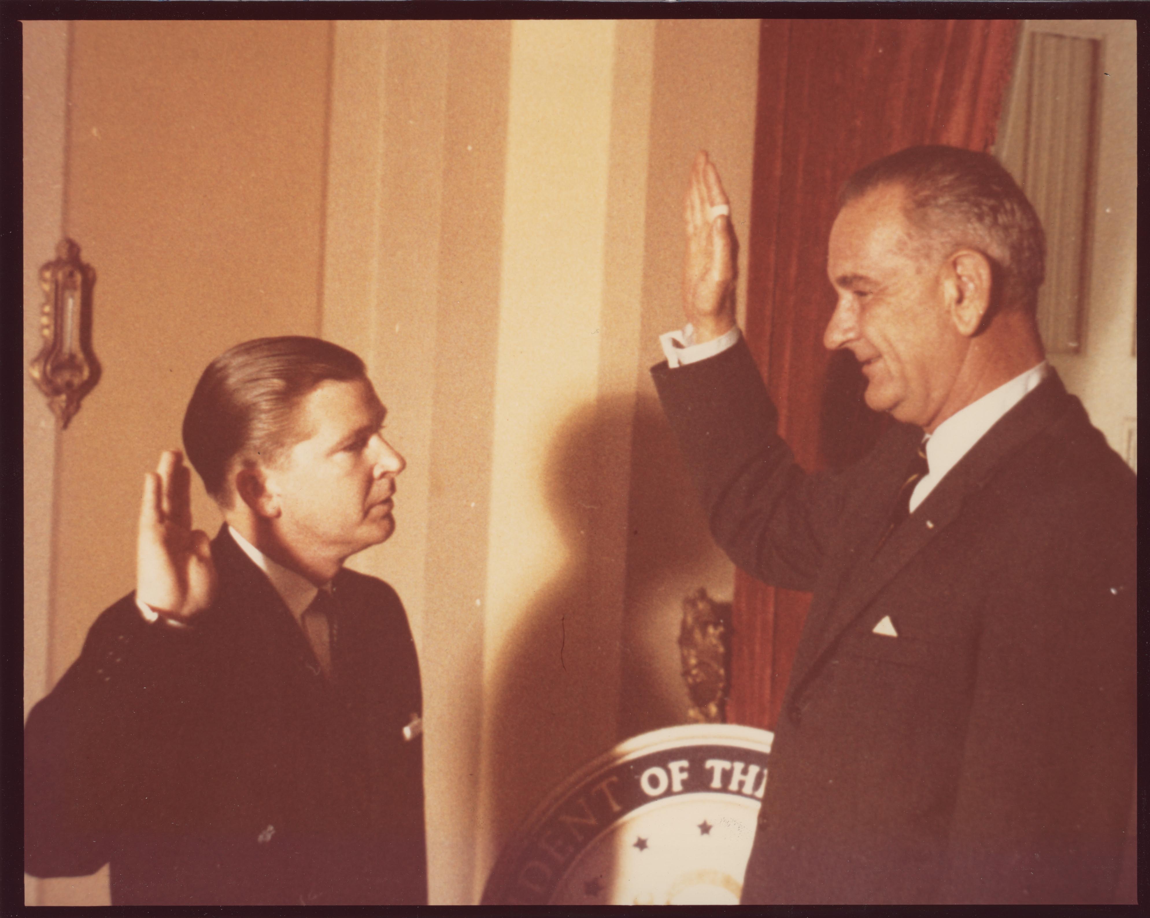 Senator John G. Tower being sworn in by President Lyndon B. Johnson
